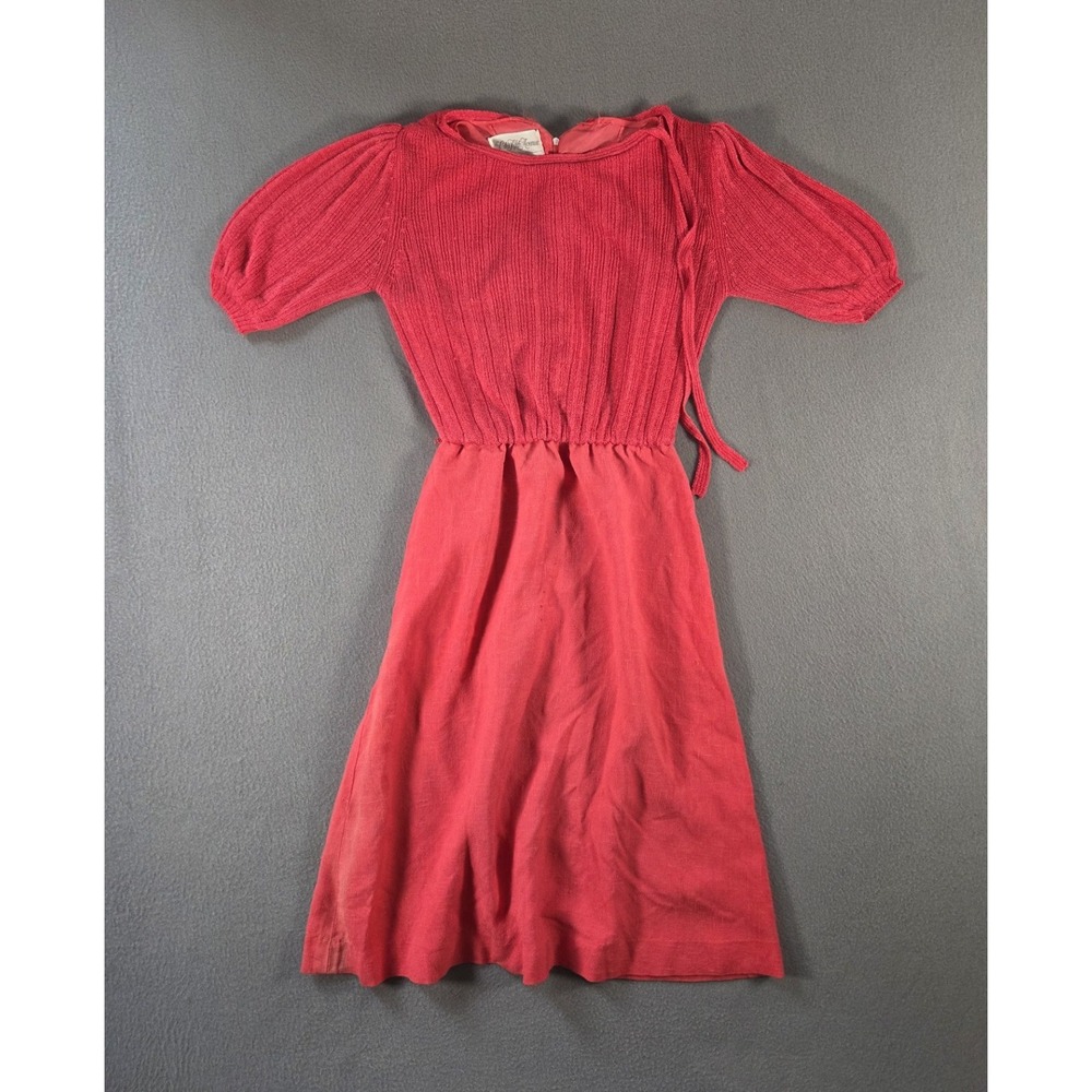 Vintage Saks Fifth Avenue Dress Womens 4 Pink Linen Knit Puff Sleeve Midi